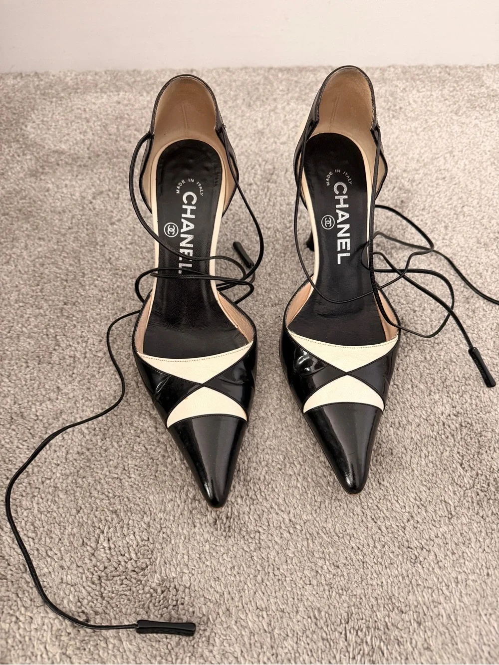 Vintage CHANEL Black and White Pointed Lace-Up Pumps